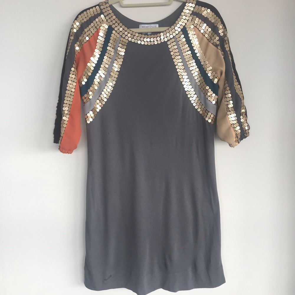 See by Chloe Grey Sequin Shift Tunic Dress Size 2